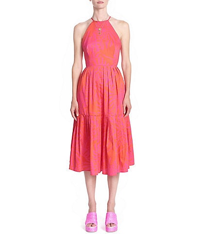 COREY LYNN CALTER Chrisley Stretch Poplin Shell Print Halter Neck Sleeveless Midi A-Line Dress
