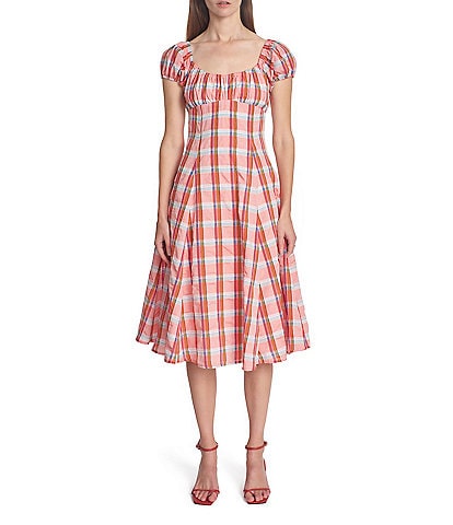 COREY LYNN CALTER Cordelia Plaid Print Square Neck Short Puff Sleeve Dress