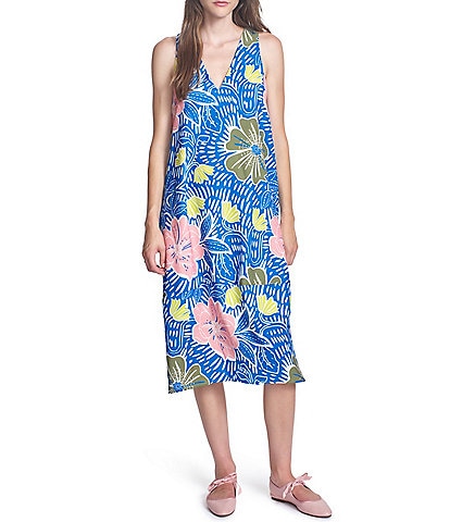 COREY LYNN CALTER Esmerelda Floral Crepe V-Neck Sleeveless Tie Back Dress