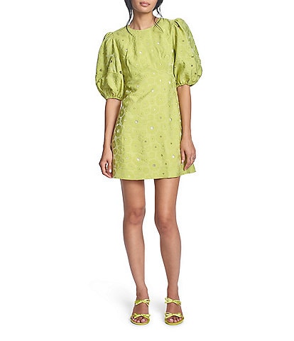 COREY LYNN CALTER Floral Jacquard Metallic Cutout Round Neck Elbow Puff Sleeve Dress