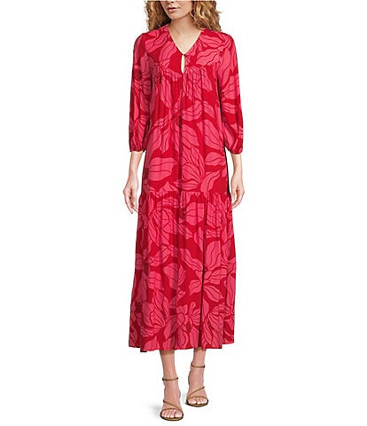 COREY LYNN CALTER Frida Crepe Floral Print Split V-Neck 3/4 Sleeve Drop waist Midi Dress