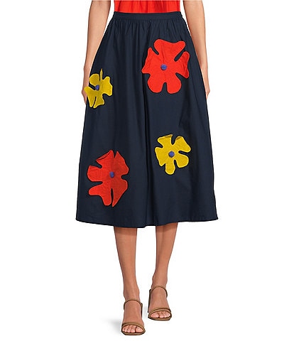 COREY LYNN CALTER Honey Cotton Poplin Applique Flower A-Line Skirt