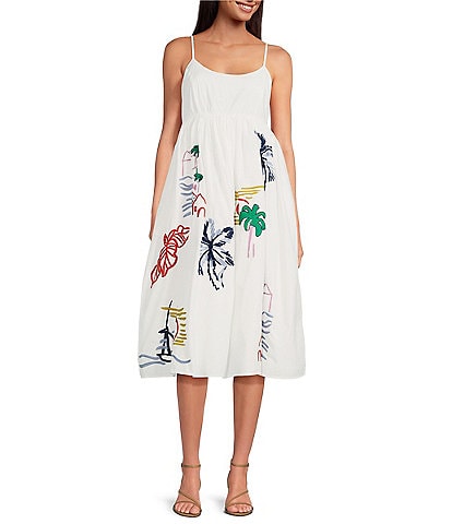 COREY LYNN CALTER Ibiza Cotton Poplin Scoop Neck Sleeveless Embroidered Sundress