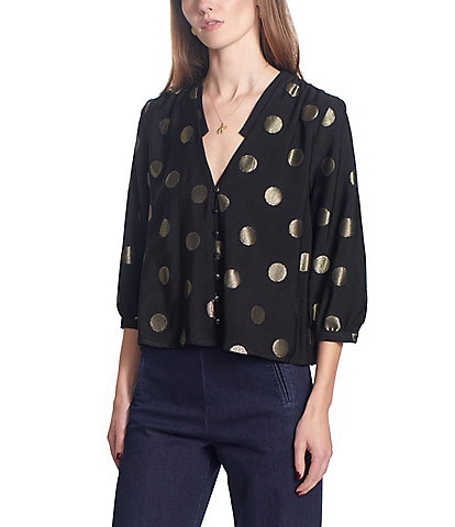 COREY LYNN CALTER Jessina Jacquard Metallic Dot V-Neck Shirt