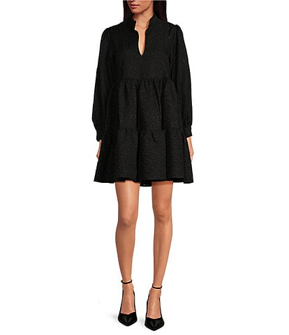 COREY LYNN CALTER Natalia Textured Jacquard Long Sleeve Tiered Dress