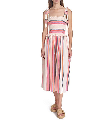 COREY LYNN CALTER Olivia Stripe Smocked Square Neck Tie Strap Midi Dress