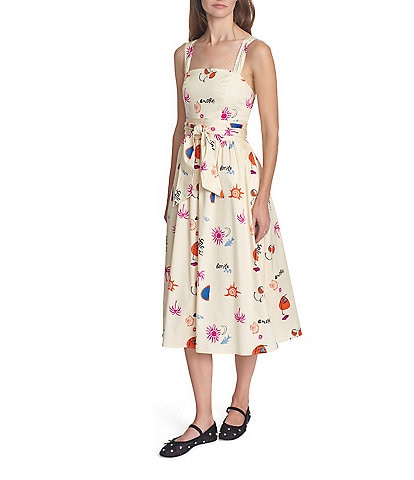 COREY LYNN CALTER Paisley Convo Print Square Neck Sleeveless Tie Waist Midi Dress