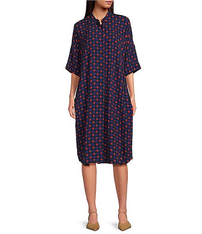 COREY LYNN CALTER Peony Crepe Dot Print Nehru Collar 3/4 Sleeves Button Front Shift Dress