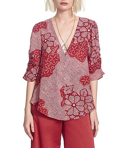 COREY LYNN CALTER Pilar Woven Floral Print V-Neck 3/4 Sleeve Top