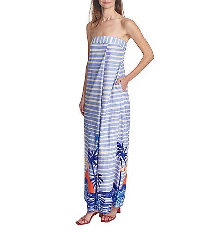 COREY LYNN CALTER Thalia Scenic Print Linen Blend Pintuck Strapless Sleeveless Maxi Dress