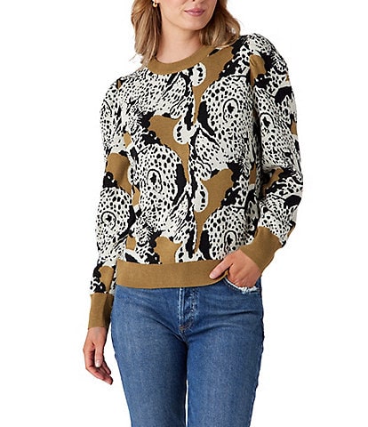 CORSBY by Mollie Burch Bixby Cashmere Blend Intarsia Leopard Crewneck Long Puff Sleeve Pullover Sweater