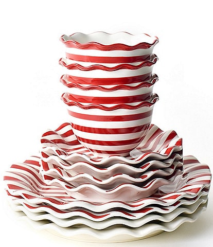 Coton Colors Holiday Red Stripe Ruffle Collection 12-Piece Dinnerware Set