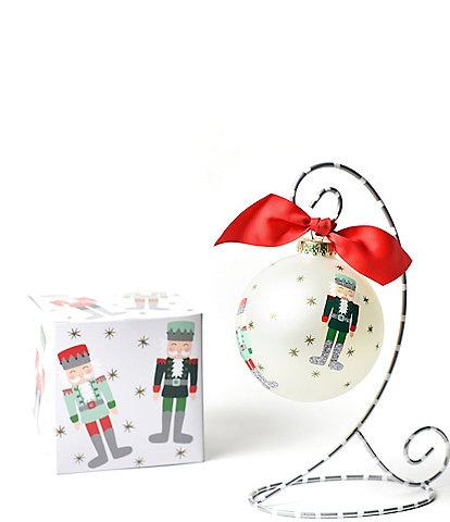 Coton Colors Nutcracker Glass Ornament with Silver and White Swirl Stand Set