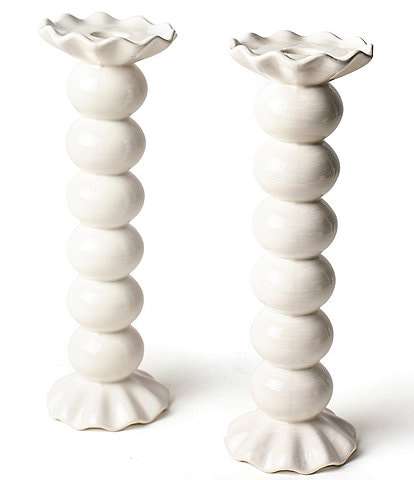 Coton Colors Signature White Large Ruffle Knobbed Candle Holder, Set of 2