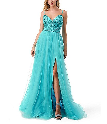 Coya Collection Beaded Butterfly Bodice Front Slit Tulle Skirt Gown