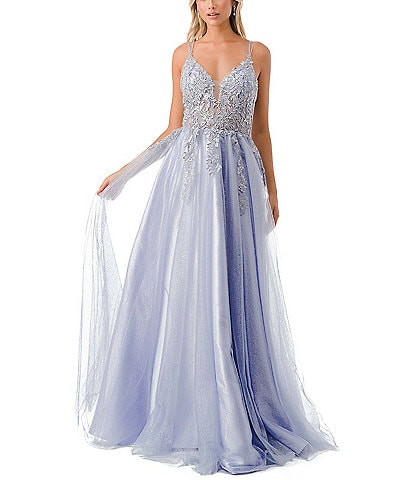 Coya Collection Embroidered Illusion Bodice V-Neck Ball Gown