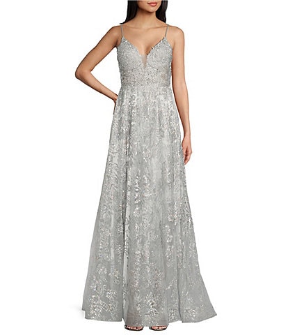 Coya Collection Glitter Lace Deep V-Neck Ball Gown