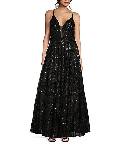 Coya Collection Glitter Mesh Deep V-Neck Low Back Ball Gown
