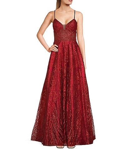 Coya Collection Glitter Pattern Lace-Up Back V-Neck Ball Gown