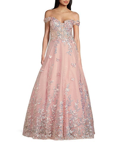 Coya Collection Off-The-Shoulder 3D Butterfly Applique Illusion Corset Ball Gown