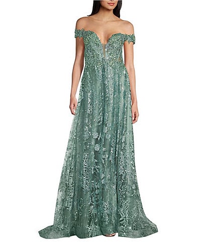 Coya Collection Off-The-Shoulder Deep V-Neck Sequin Applique Lace-Up Back Ball Gown