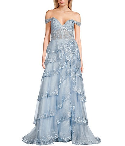 Coya Collection Off-The-Shoulder Illusion Lace Corset Glitter Tiered Ball Gown