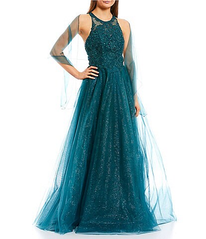Coya Collection Sleeveless Embroidered Illusion Bodice Glitter Tulle Ball Gown