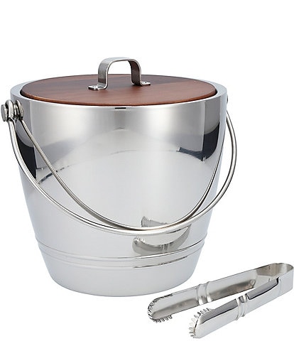 Crafthouse by Fortessa Stainless Steel Round Ice Bucket with Wood Lid and Tongs