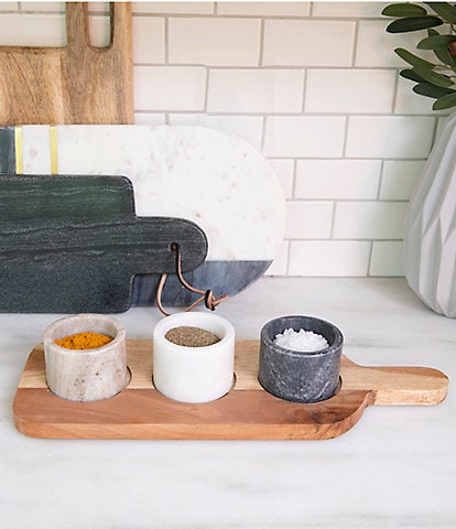 Creative Co Op Acacia Wood Board with 3 Marble Pinch Pots & Spoon, Set of 5
