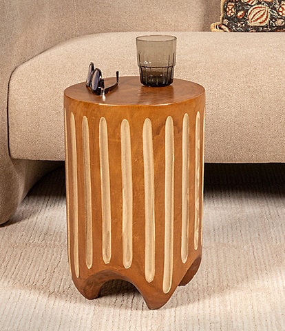 Creative Co Op Hand-Carved Wood Vertical Stripes Side Accent Table