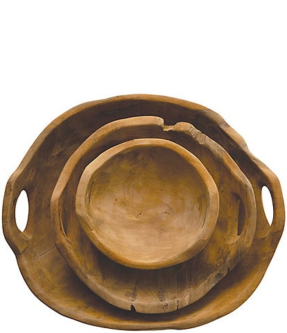 Creative Co Op Teak Wood Bowls with Handles, Set of 3