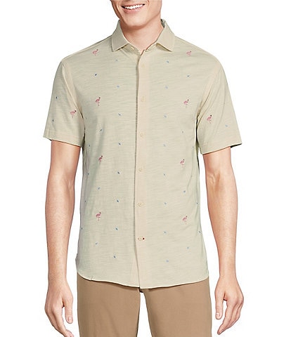 Cremieux Blue Label Camargue Collection Embroidered Flamingo Slub Jersey Short Sleeve Coatfront Shirt