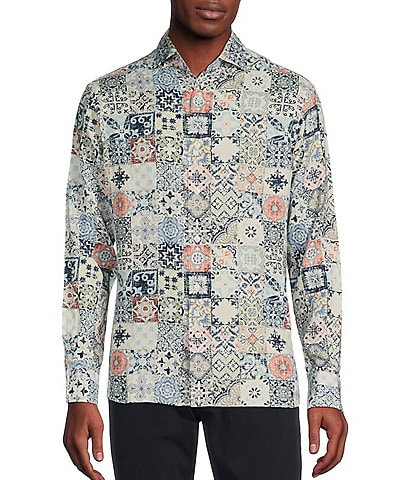 Cremieux Blue Label Camargue Collection Mosaic Print Long Sleeve Linen Woven Shirt