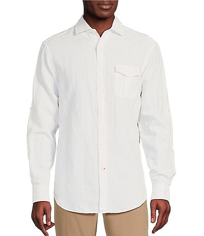 Cremieux Blue Label Camargue Collection Seersucker Rolled Long Sleeve Linen Cotton Woven Shirt