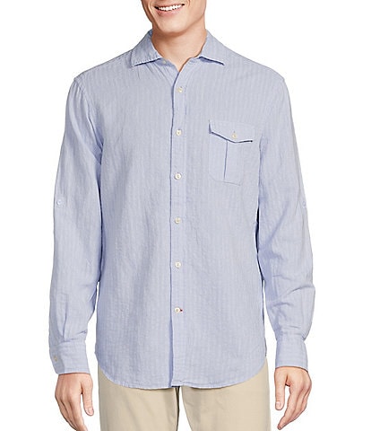 Cremieux Blue Label Camargue Collection Seersucker Rolled Long Sleeve Linen Cotton Woven Shirt