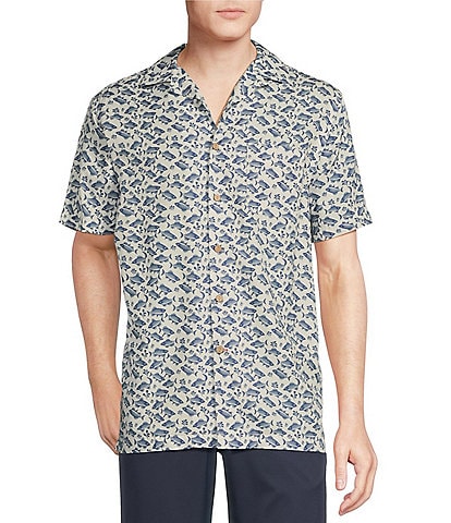 Cremieux Blue Label Fish Print Cotton Lyocell Twill Short Sleeve Woven Camp Shirt