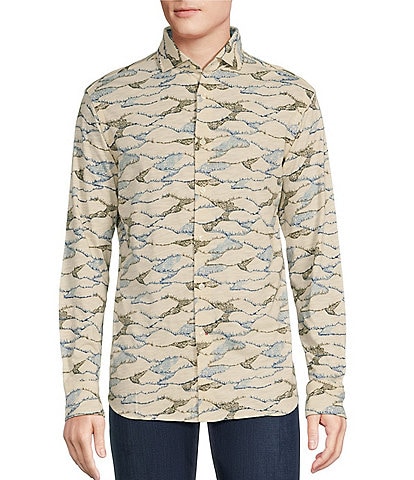 Cremieux Blue Label Kyoto Collection Hills & Valleys Print Long Sleeve Jersey Coatfront Shirt