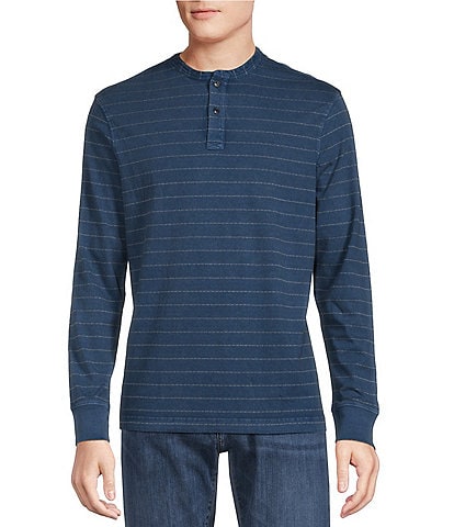 Cremieux Blue Label Kyoto Collection Indigo Jacquard Striped Long Sleeve Henley Shirt