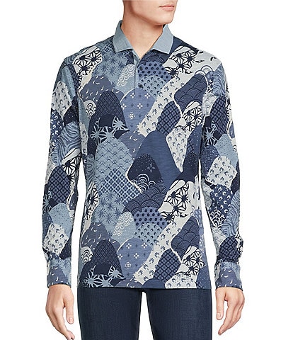 Cremieux Blue Label Kyoto Collection Multi-Print Long Sleeve Slub Jersey Polo Shirt