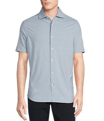 Cremieux Blue Label Micro-Print Spread Collar Short Sleeve Jersey Coatfront Shirt