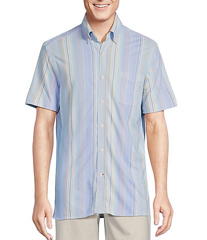 Cremieux Blue Label Multicolor Stripe Pique Knit Oxford Short Sleeve Woven Shirt