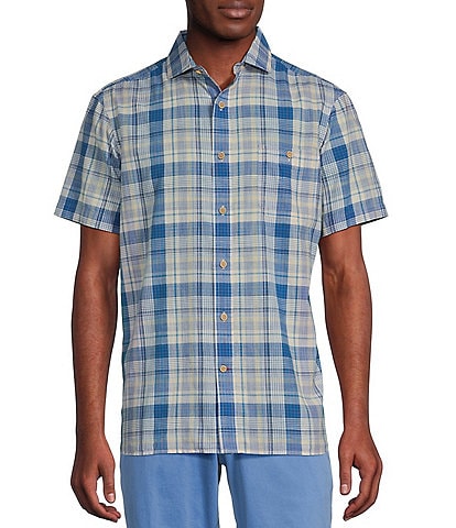 Cremieux Blue Label Plaid Chambray Cotton Short Sleeve Woven Shirt