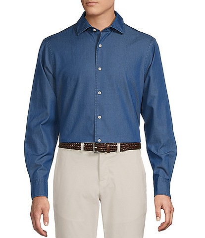 Cremieux Blue Label Solid Albini Denim Long Sleeve Woven Shirt