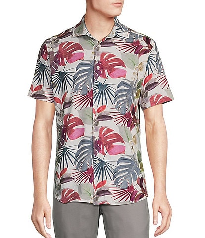 Cremieux Blue Label Stretch Jersey Tropical Palm Print Short Sleeve Coatfront Shirt