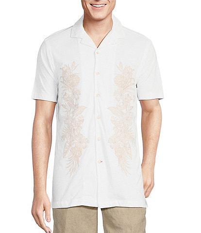 Cremieux Blue Label Tahiti Collection Embroidered Tropical Print Jersey Short Sleeve Camp Coatfront Shirt