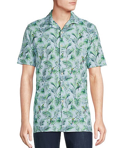 Cremieux Blue Label Tahiti Collection Tropical Bird Print Jersey Short Sleeve Woven Camp Coatfront Shirt