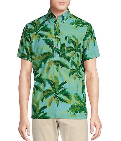 Cremieux Blue Label Tahiti Collection Tropical Palm Print Poplin Short Sleeve Popover Woven Shirt