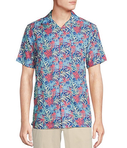 Cremieux Blue Label Tropical Palms Printed Cotton Lyocell Twill Short Sleeve Woven Camp Shirt