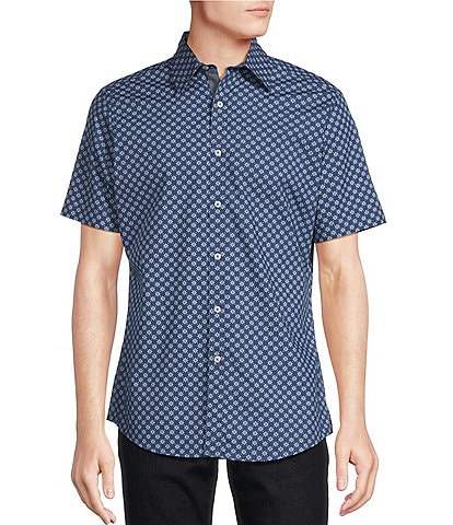 Cremieux Cremieux Premium Denim Blue Geometric Stretch Short-Sleeve Woven Shirt