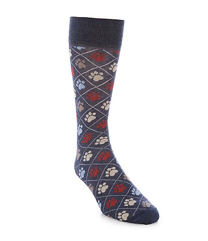Cremieux Paw Printed Argyle Pattern Over-The-Calf Dress Socks